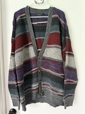 Protege Collection Striped Cardigan Sweater Large Cozy Grandpa Style